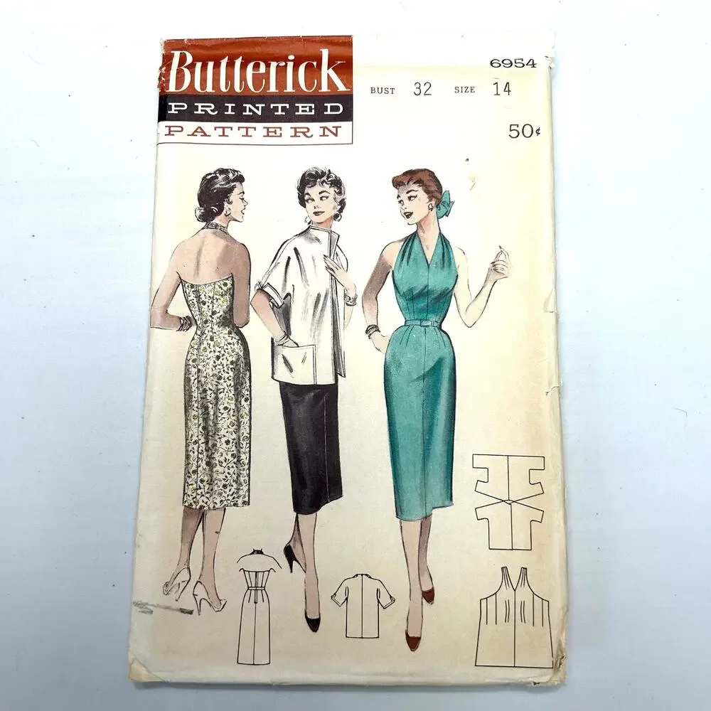Butterick Vintage 1950's Pattern #6954 Women's Halter Dress And Box Jacket Sz 14